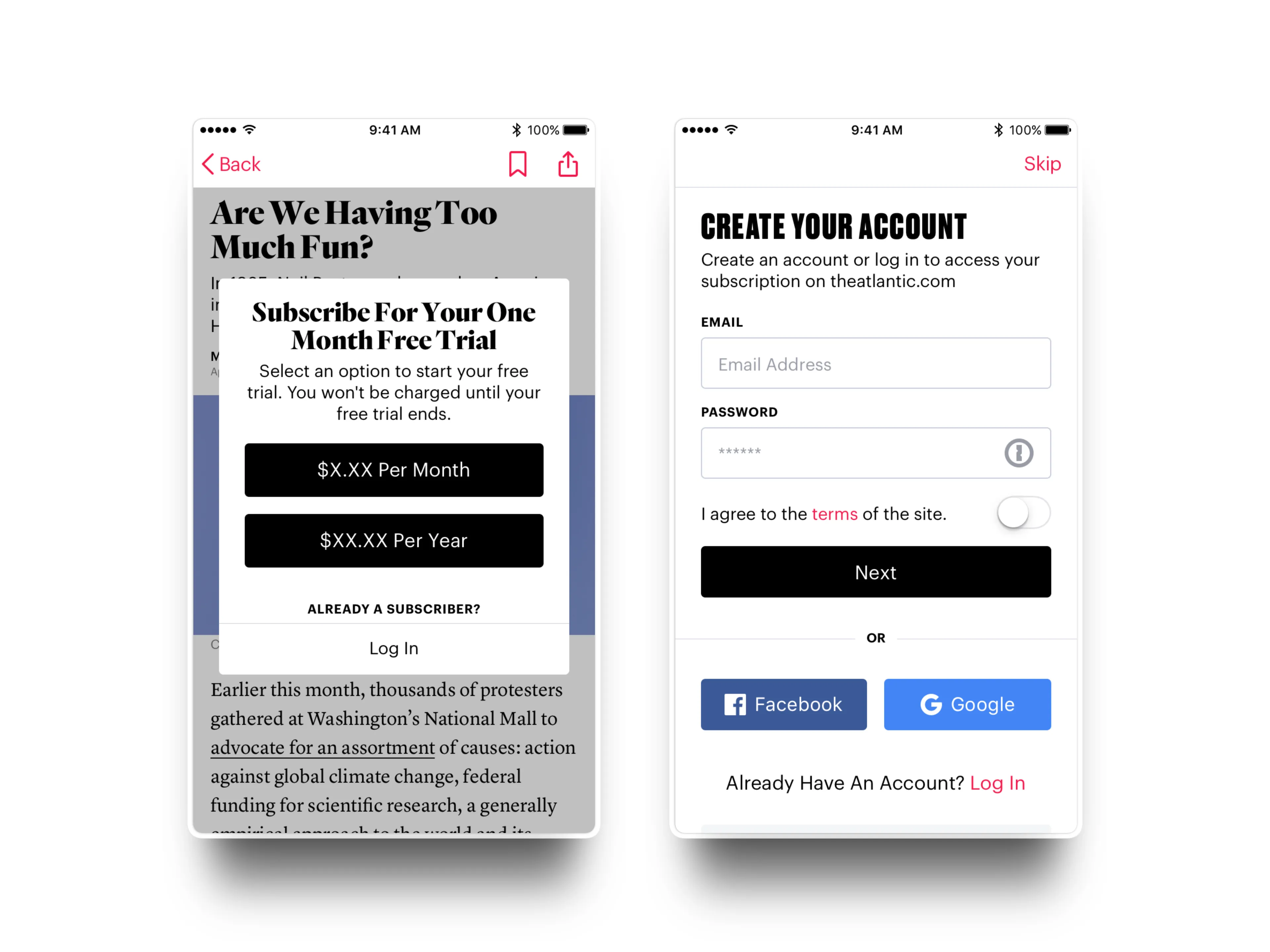 Subscription trial and account creation screens