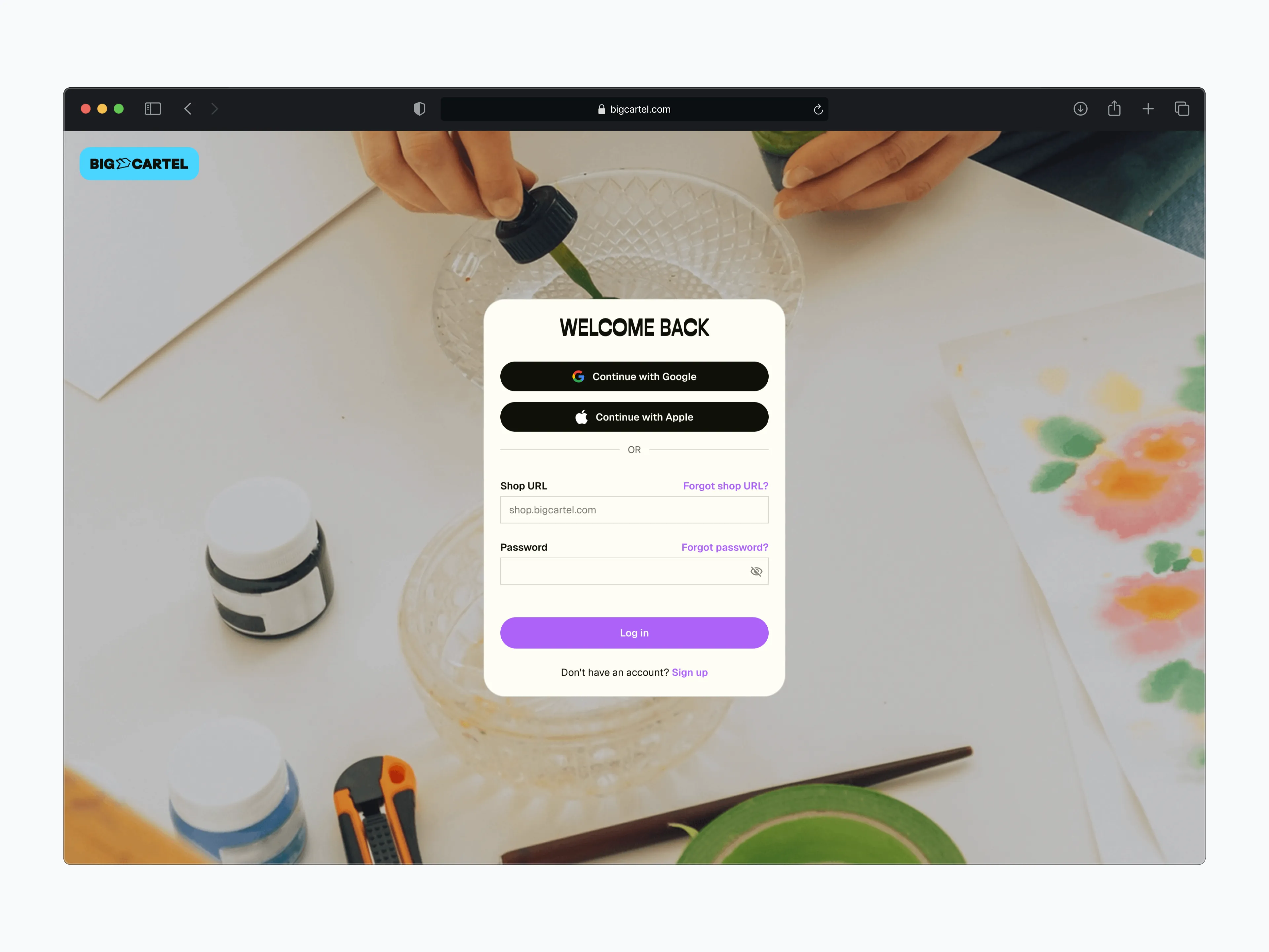 Rebranded login page with photography background and purple actions