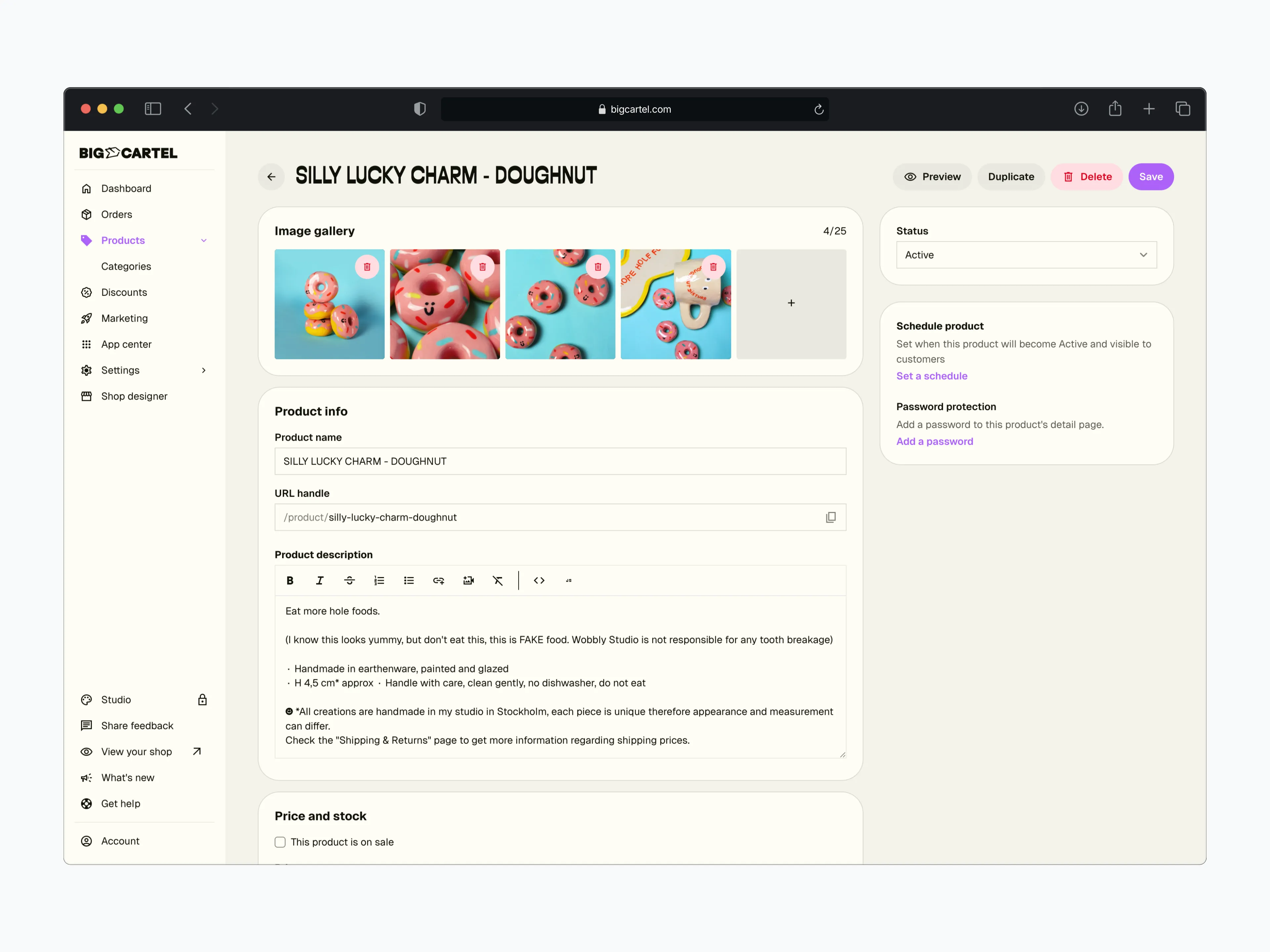 Product edit page with image gallery