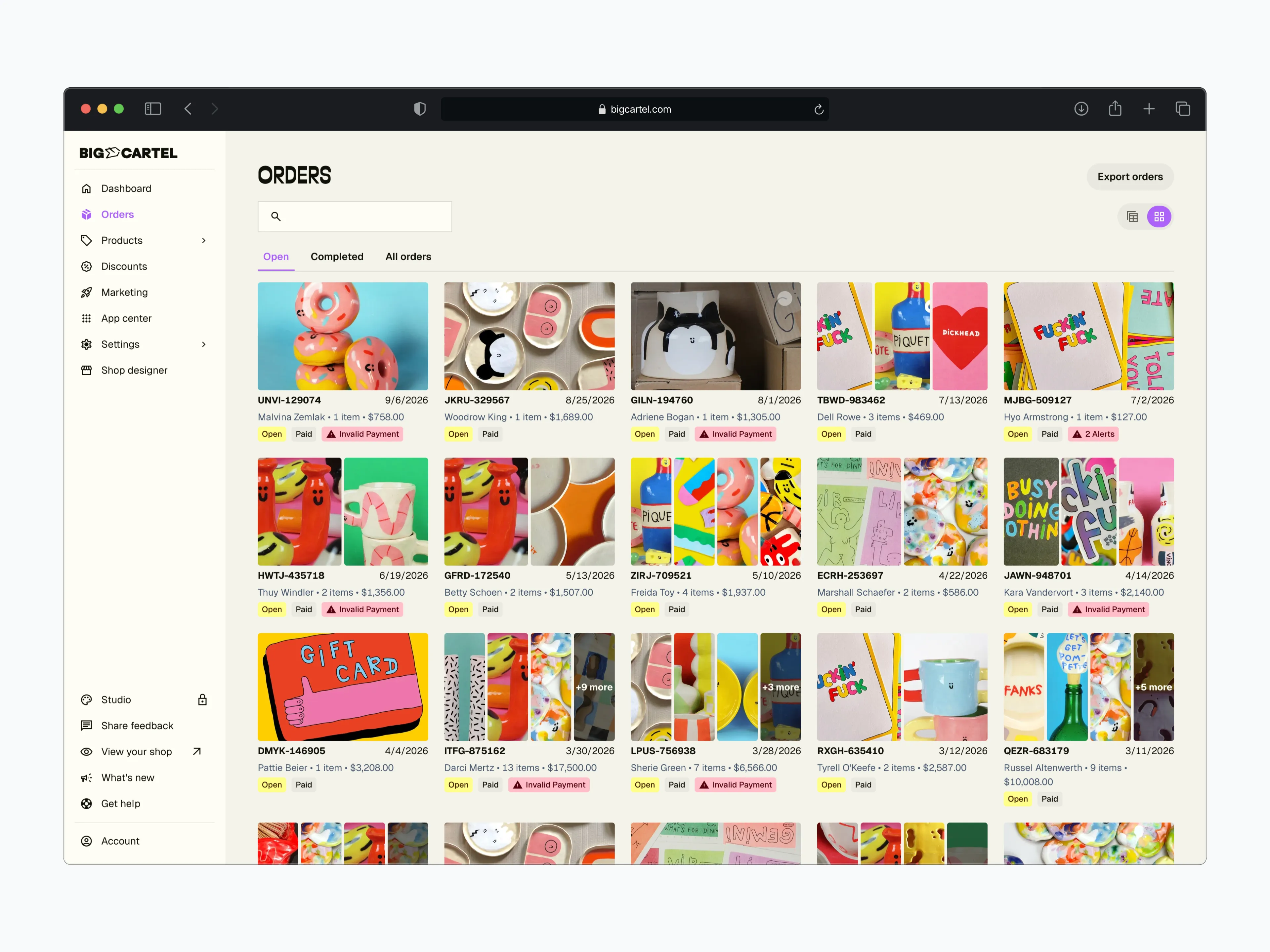 Orders overview in grid view
