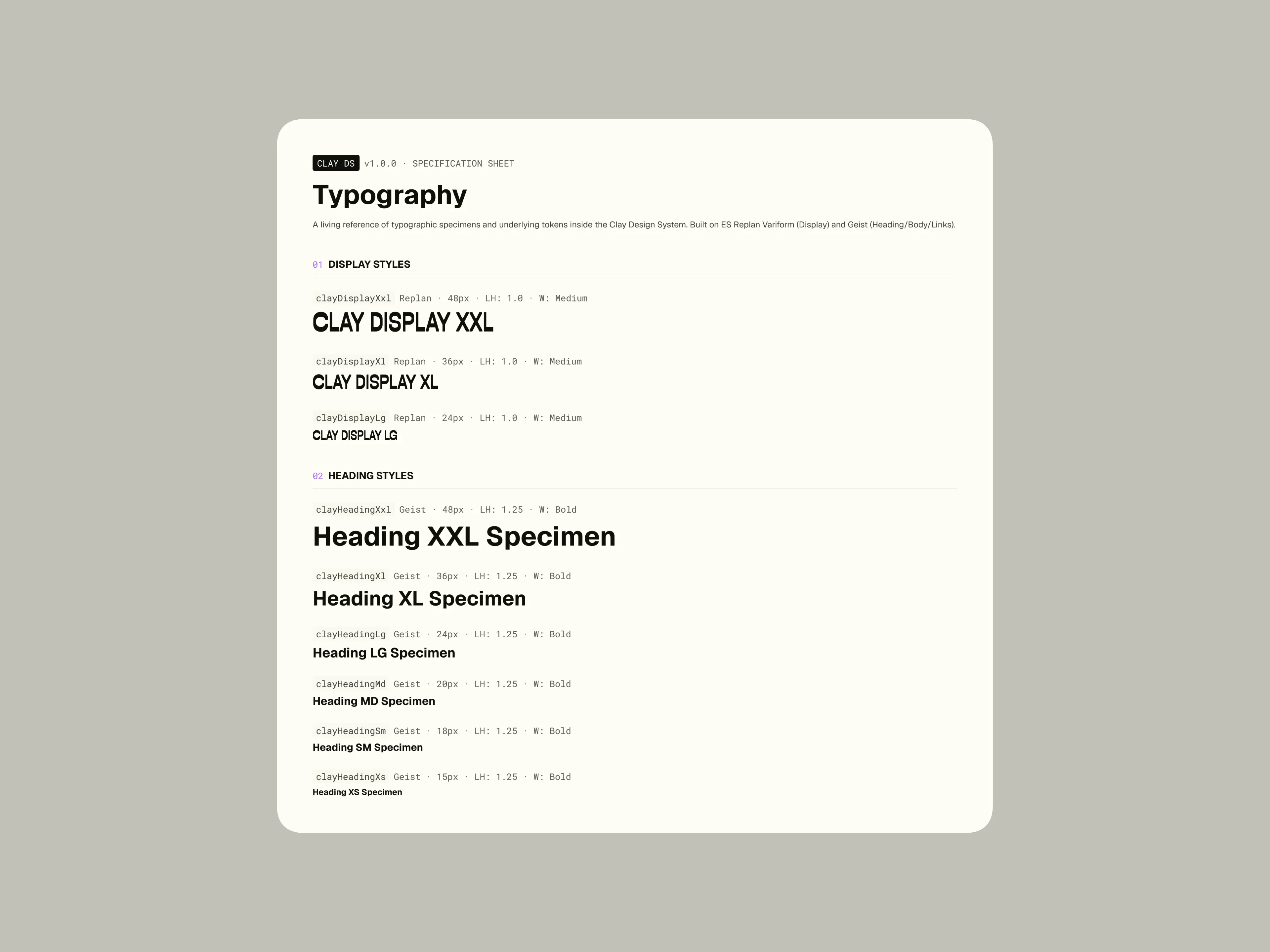 Clay design system spec sheet: typography, Replan display and Geist headings
