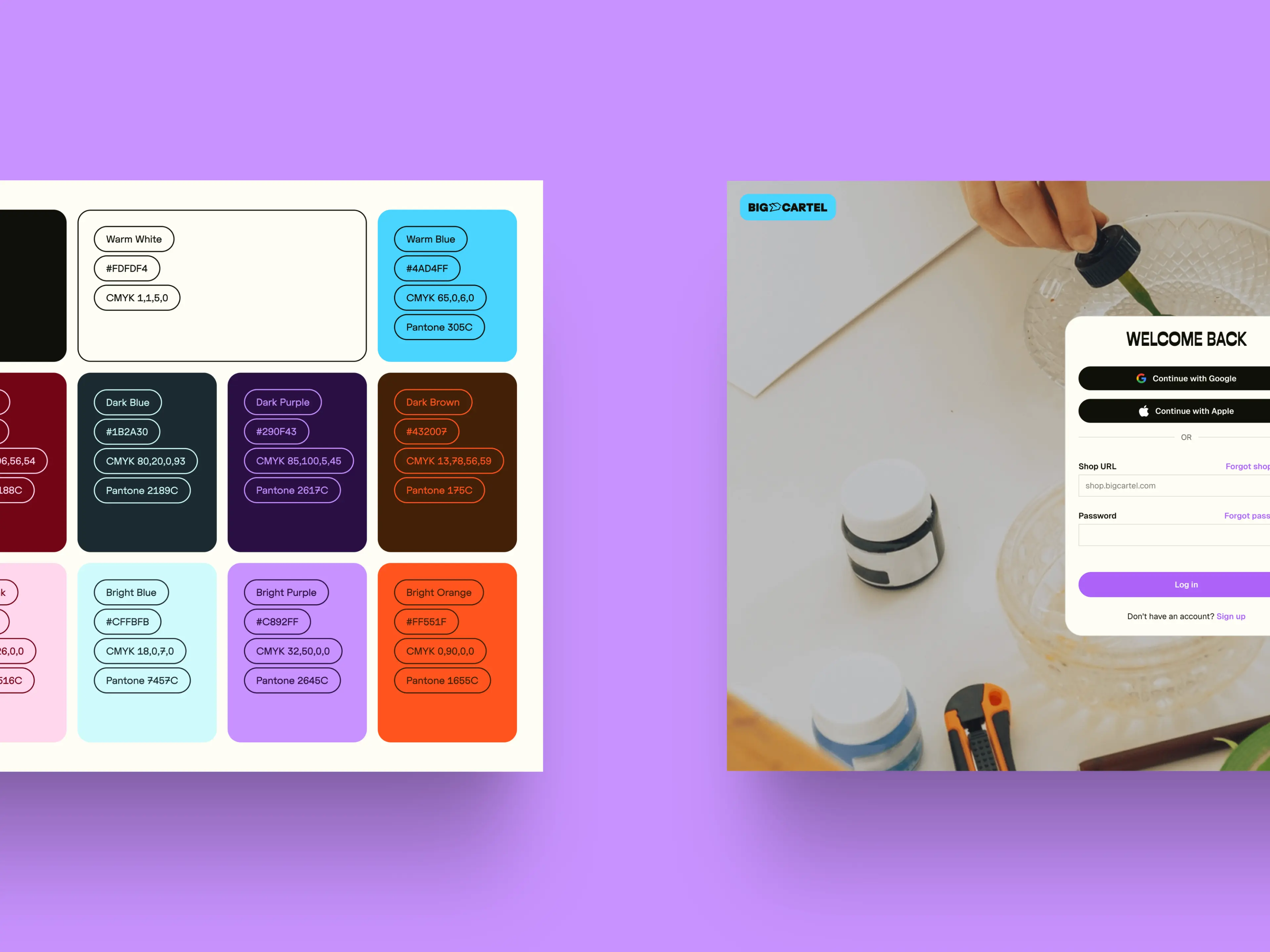 Big Cartel brand palette board beside the rebranded login screen, on purple