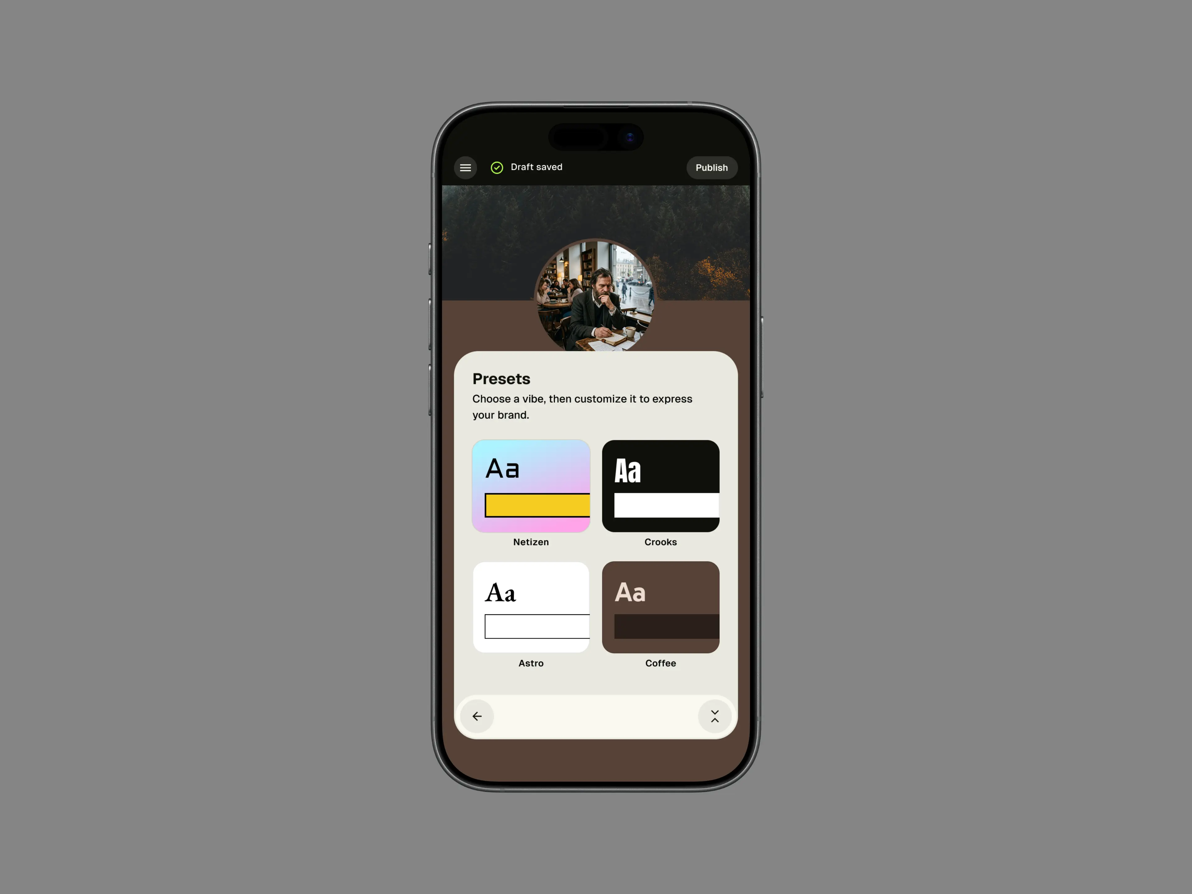 Link-in-bio mobile editor showing theme presets on an iPhone