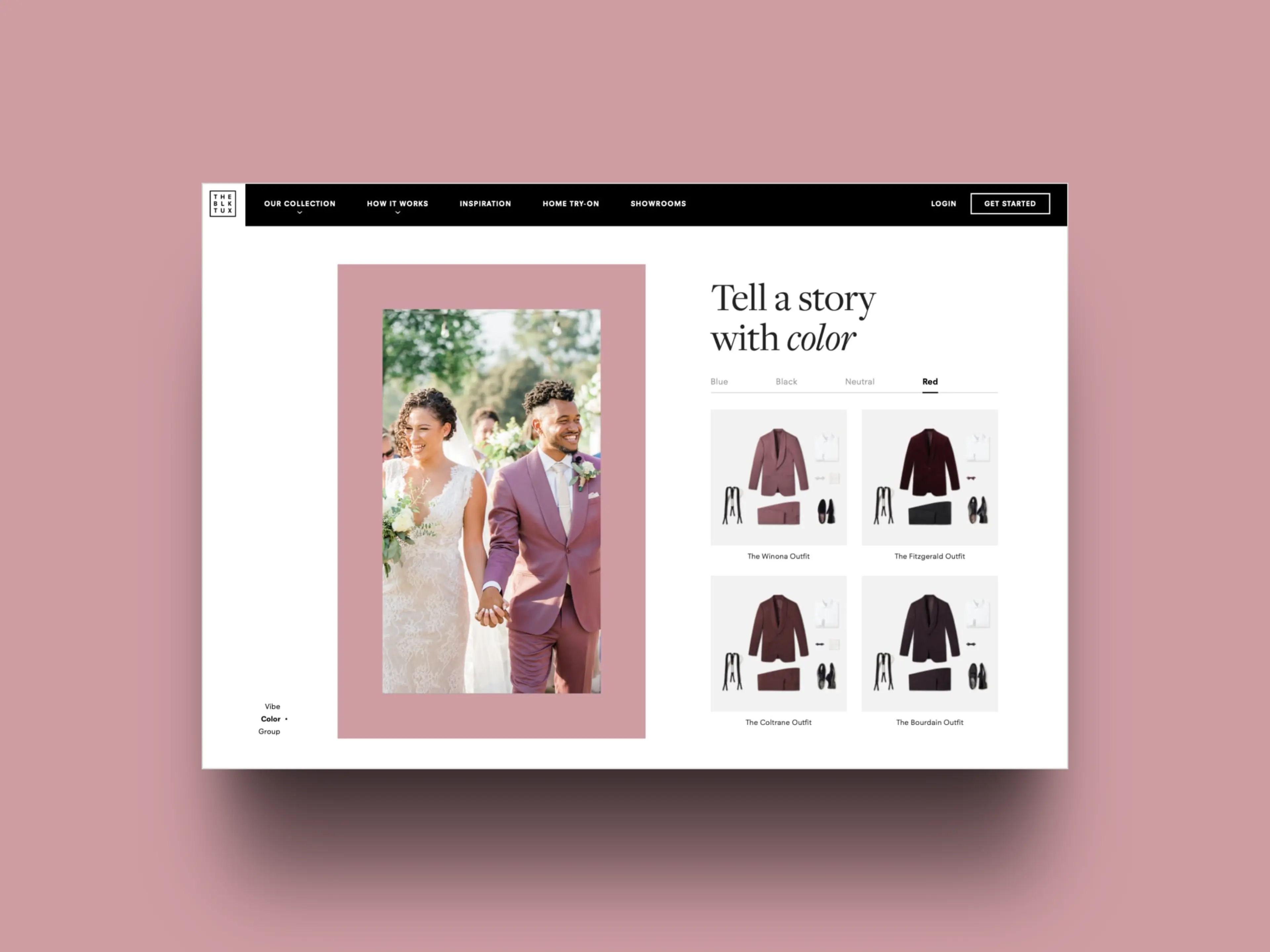 The Black Tux look builder page, "Tell a story with color," showing red suit outfit options beside a wedding photo