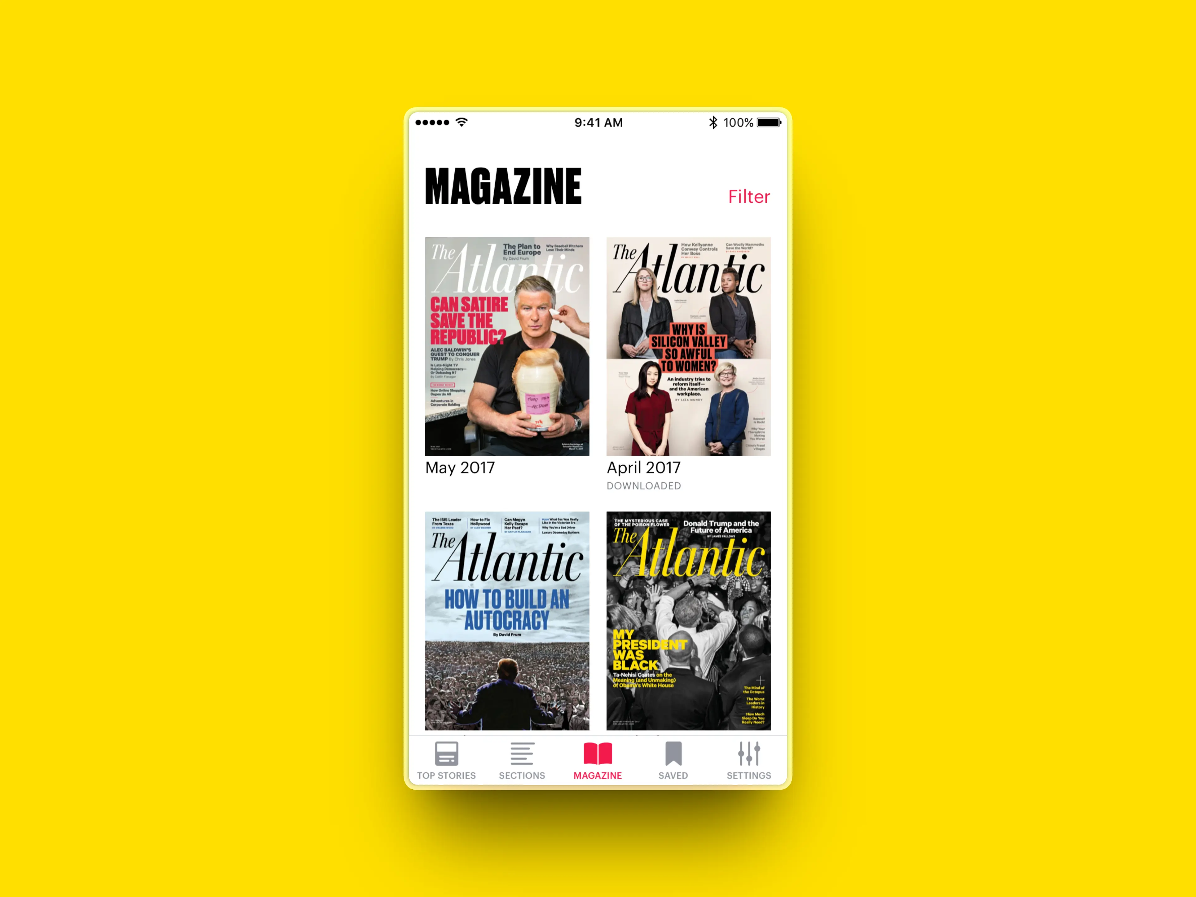 The Atlantic magazine app on iPhone showing a grid of issue covers, on a yellow background