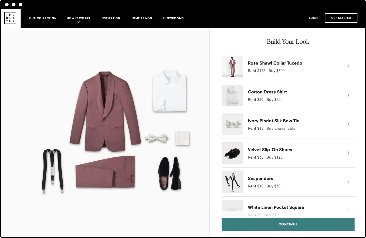 Desktop look builder with a rose shawl collar tuxedo outfit