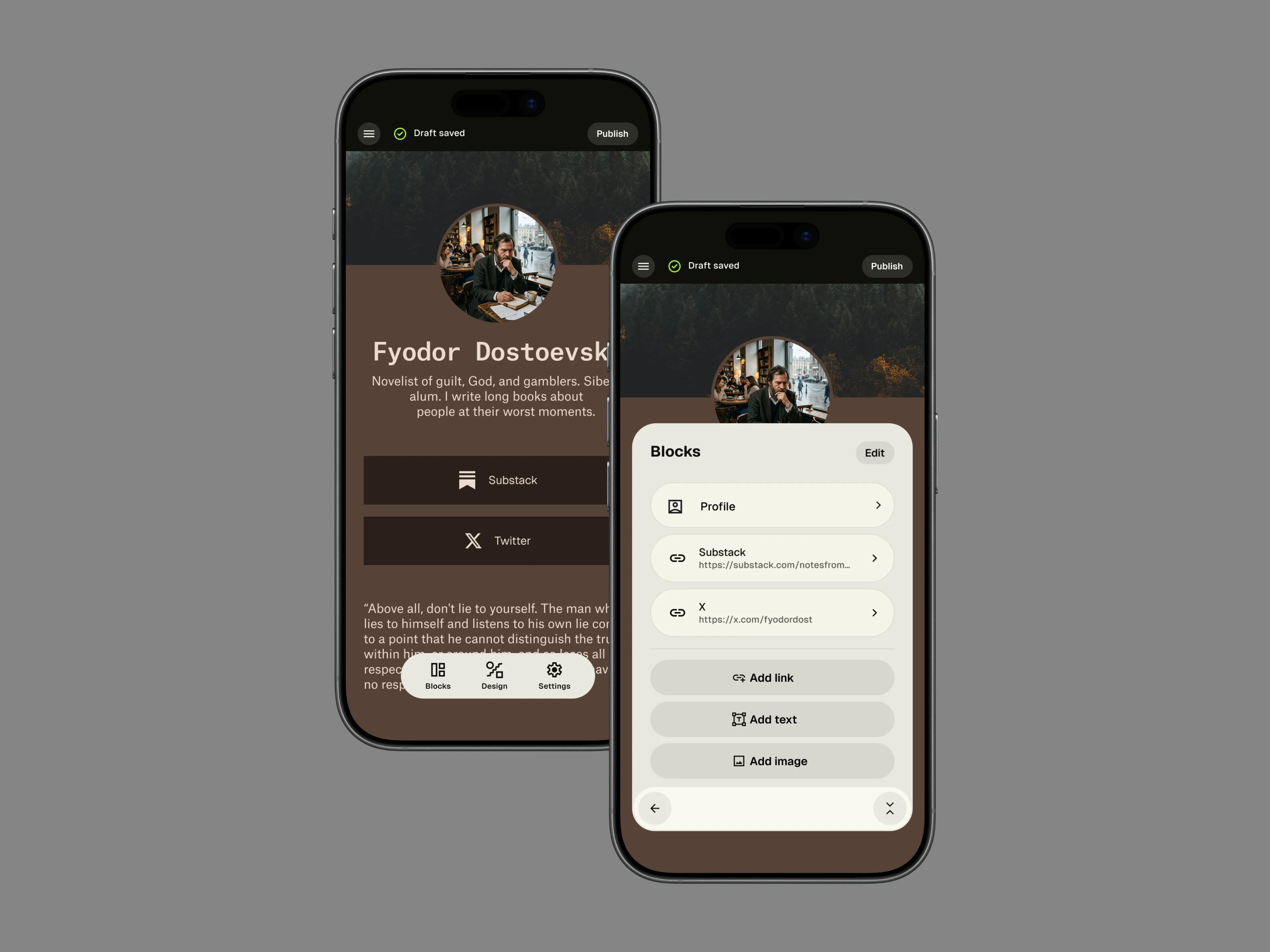 A published Link-in-bio page and the Blocks editor on mobile