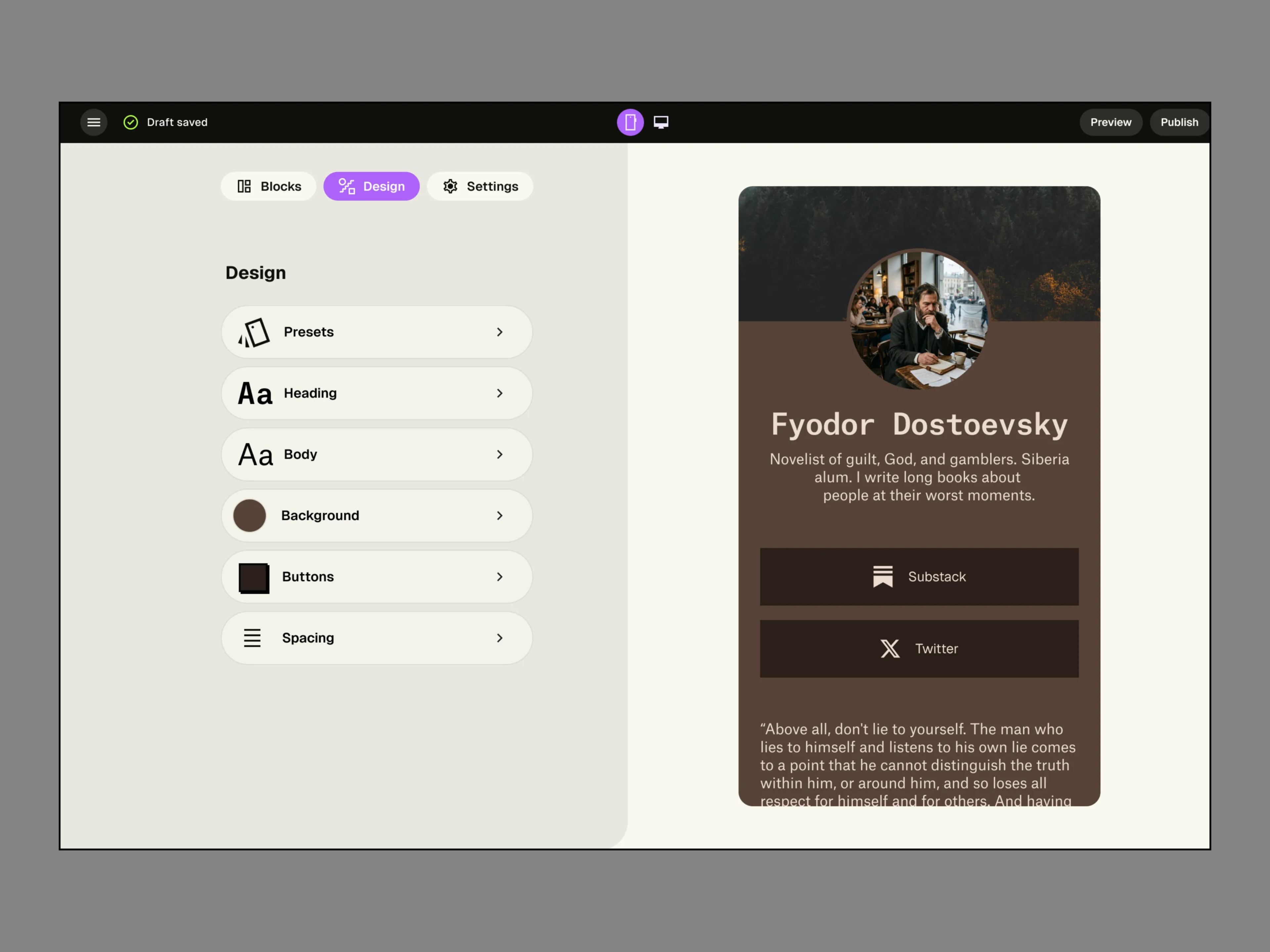 Desktop editor with the Design panel beside a live phone preview