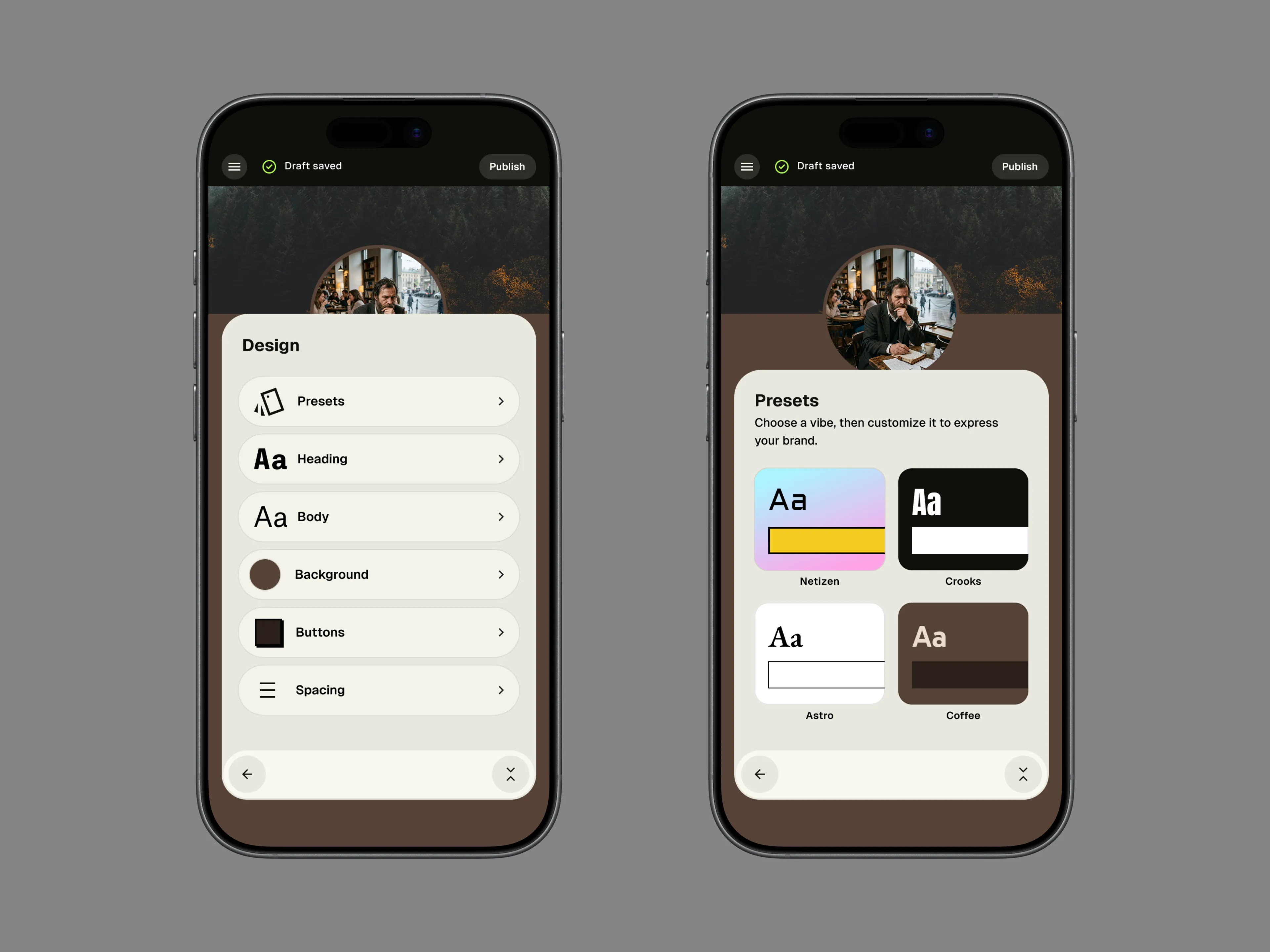Design panel and theme presets in the mobile editor